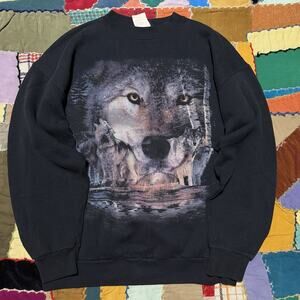 Vintage 90s TSI Wolf Nature Graphic Black Crewneck Large